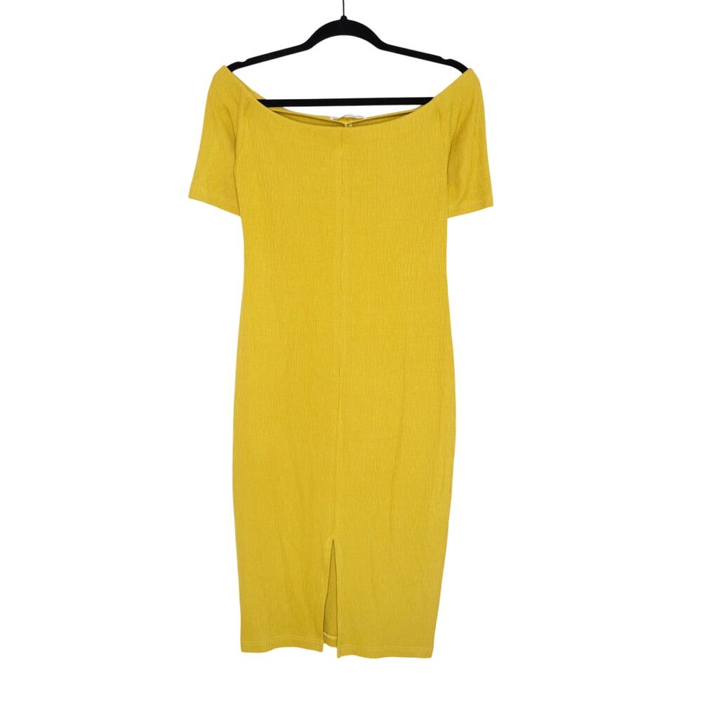 Eve Gravel Mustard Ribbed Off The Shoulder Midi Dress Bodycon Stretch Knit SZ XS